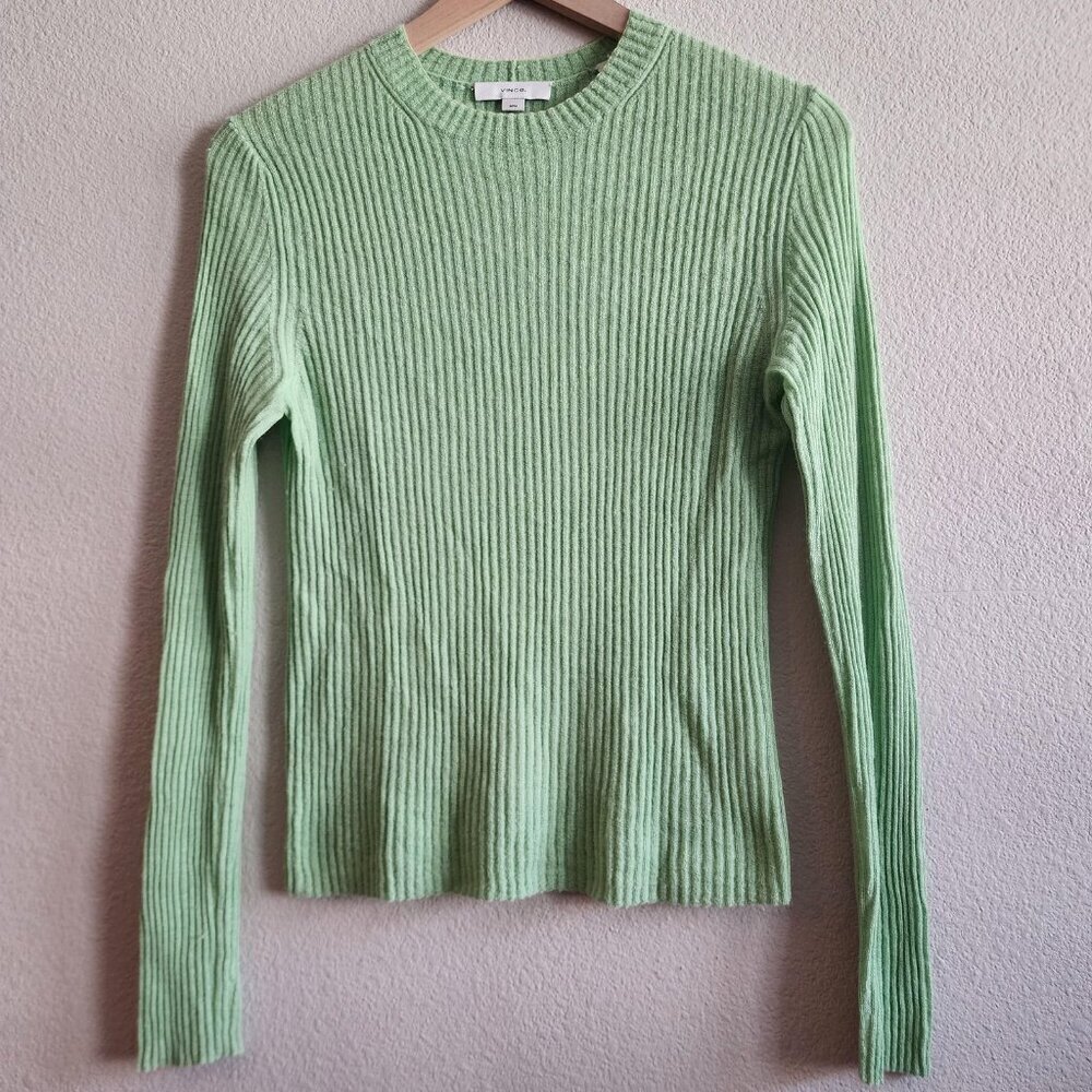 Vince Sweater Womens Medium Green Ribbed Cashmere Silk Crewneck Pullover Soft